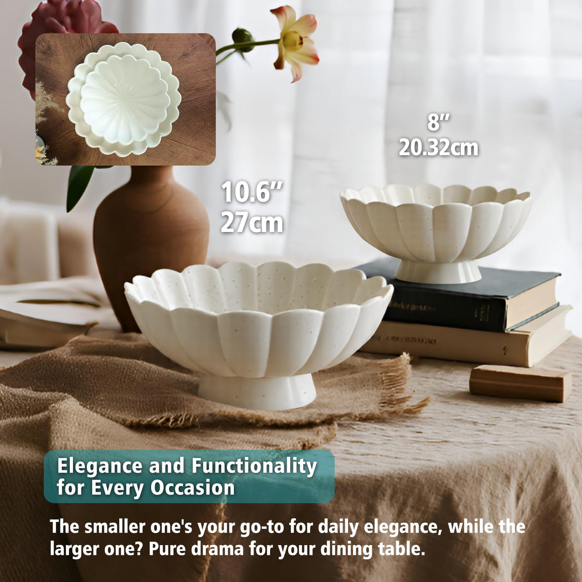 Large Fruit Bowl for Kitchen Counter-10.6" White Ceramic Fluted Scalloped Decorative Footed Bowl -Elegant Pedestal Display Bowls for Entryway Table, Perfect for Housewarming &Wedding Gift