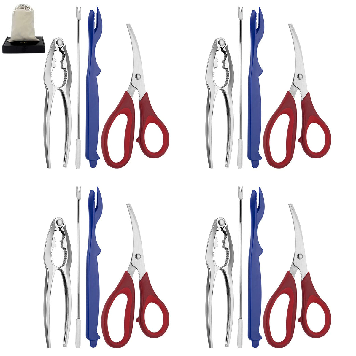 Seafood Tools Set includes 4 Crab Crackers 4 Seafood Fork 4 Lobster Crackers 4 Seafood Scissors -Nut Cracker and Storage Bag（17 Piece ）