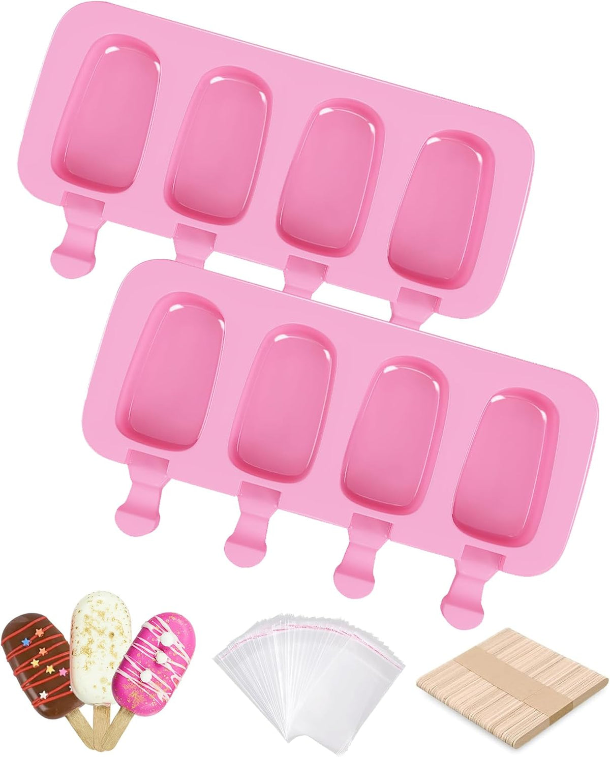 Ouddy Life Popsicle Molds - Set of 2 Silicone Ice Cream Molds with 50 Wooden Sticks | Pink