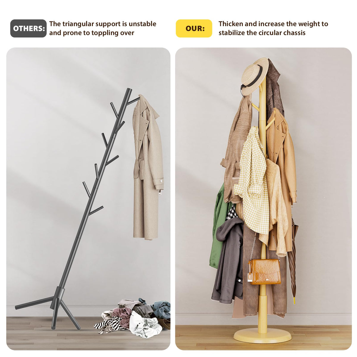 Taitiy Solid Wood Coat Rack Freestanding Coat Tree with 10 Hooks for Bedroom, Livingroom, Entryway, Sturdy Coat Hanger Stand for Hats, Coats, Scarves, Handbags, Purses