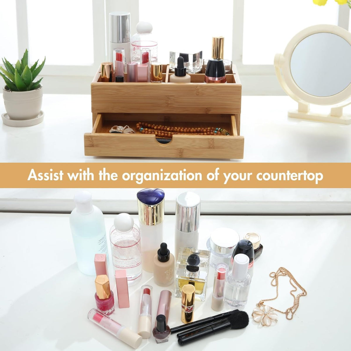 GOBAM Makeup Storage Drawer Organizer Bamboo Wood Cosmetic Display Box, Large Capacity Bathroom Beauty Countertop Organizer, Great for Bathroom Dresser