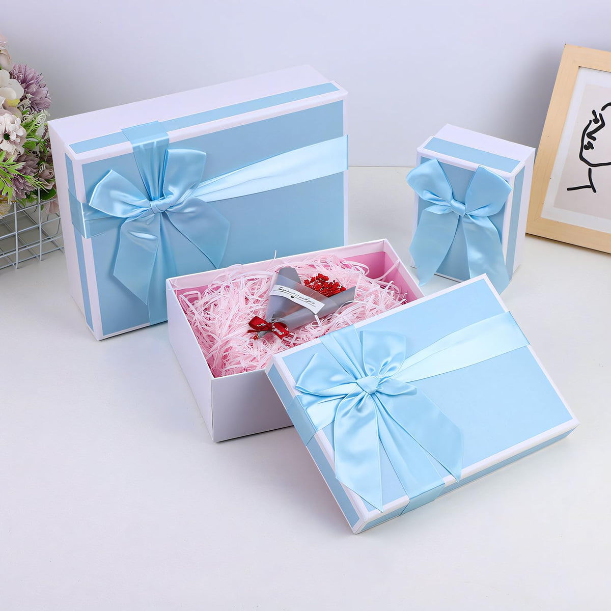 Airuisike Gift Boxes With Lids, Set of 3 Blue Gift Boxes For Presents, Elegant Present Boxes For Christmas Gifts, Assorted Gift Wrap Boxes