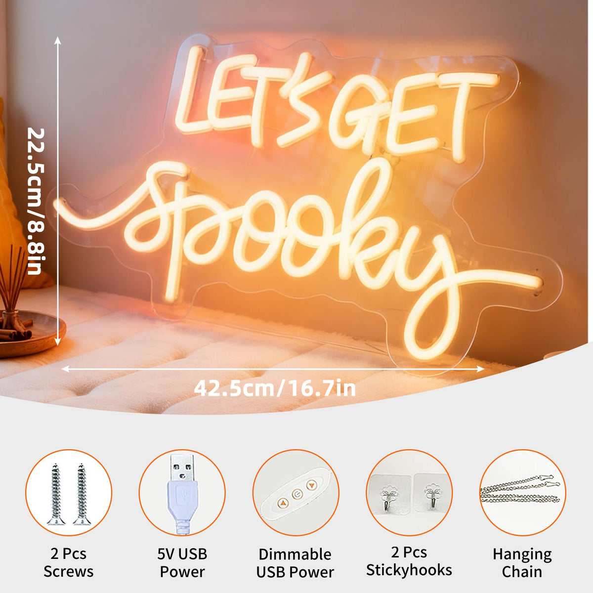 Lets Get Spooky White LED Neon Sign, USB Powered Dimmable Decorative Neon Light Home Living Room Haunted House Spooky Theme Party Wall Table Decor 16.7 x 8.9 In