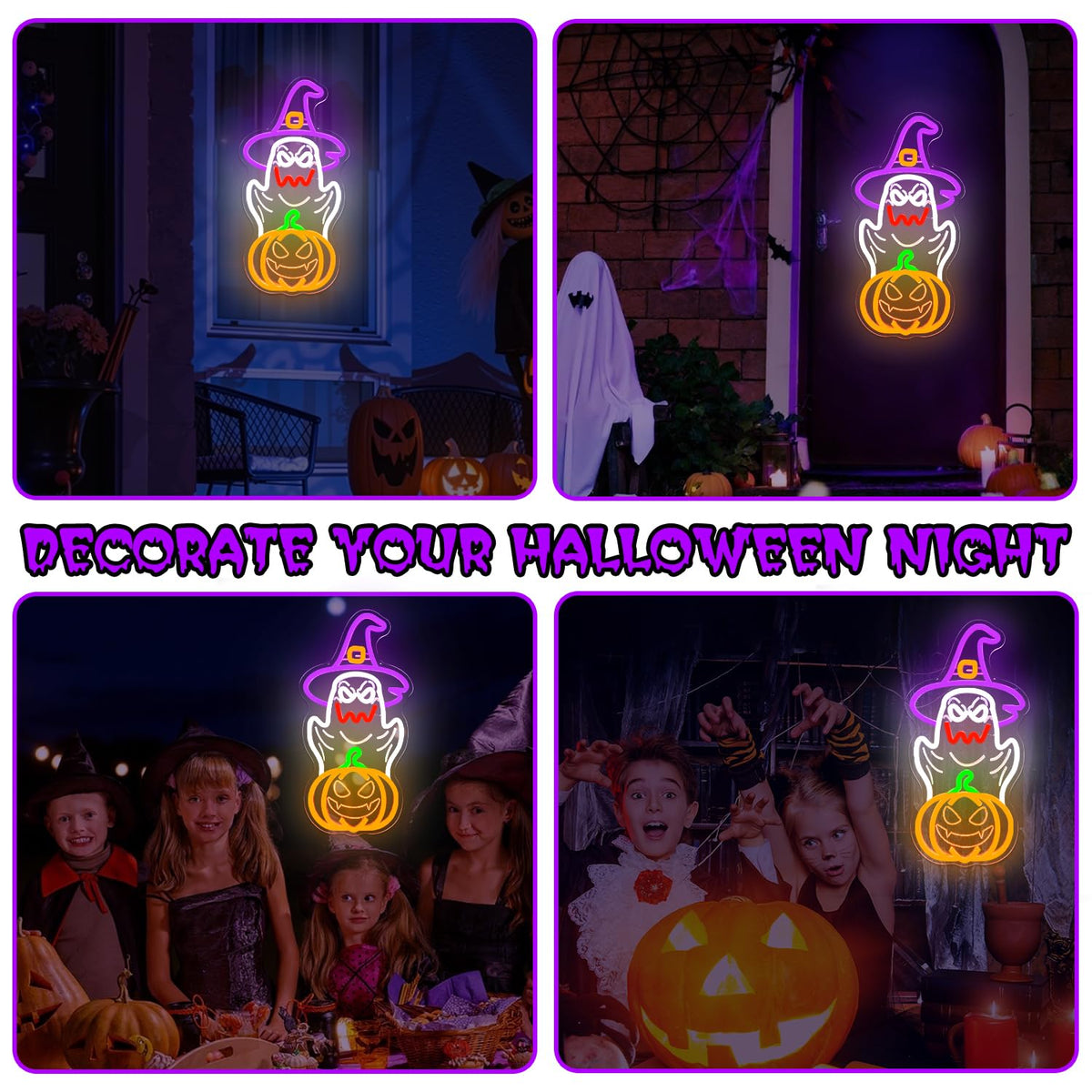 hhuohuona Halloween Neon Sign Dimmable Ghost Led Sign Halloween Ghosts With Witch Hat Neon Lights Jack-O'-Lantern Light Up Sign Spooky Boo Window Lights