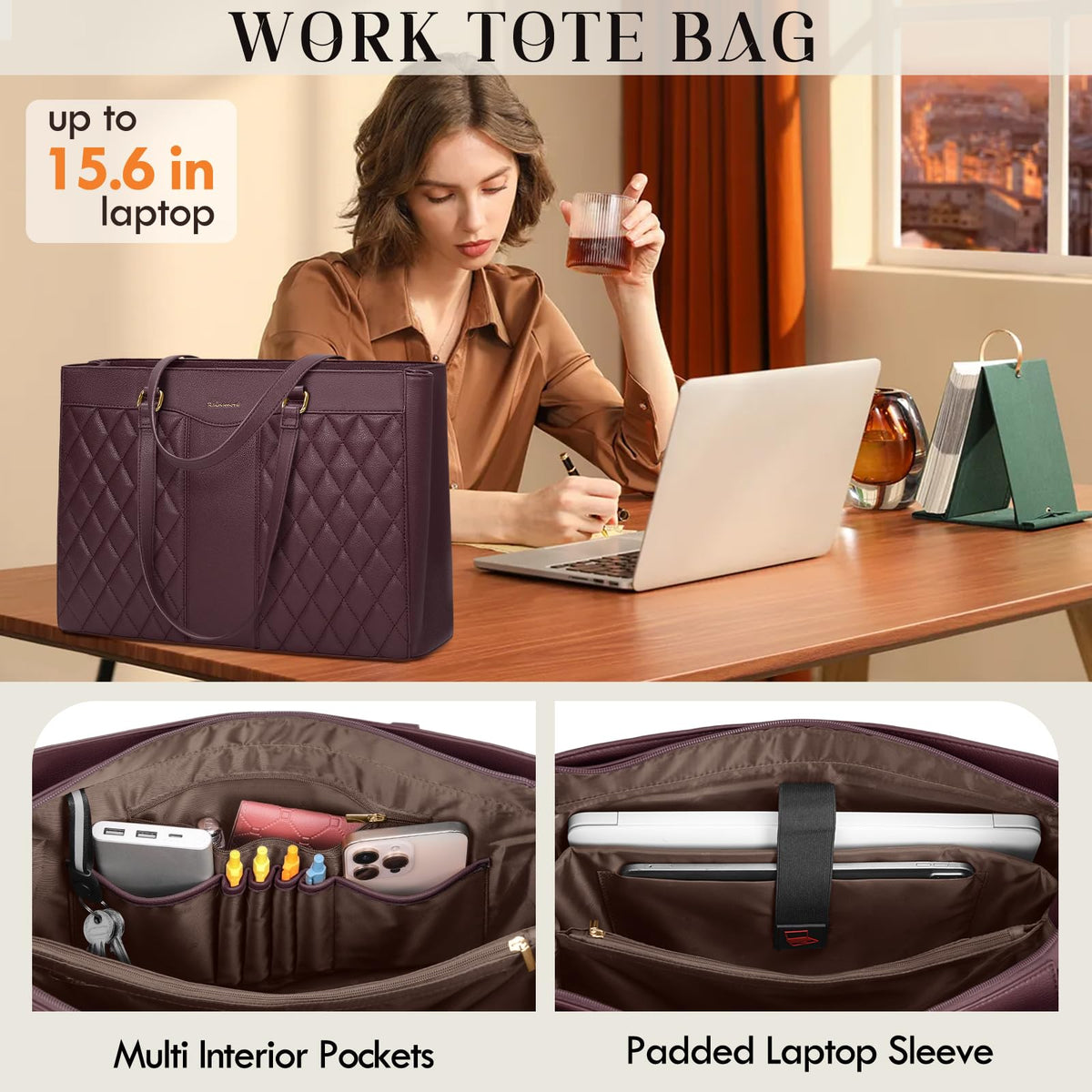 RAINSMORE Laptop Bag for Women 15.6 Inch Work Tote Bags Leather Laptop Tote Professional Laptop Purse Computer Handbag Womens Briefcase Tote with Clutch for Teacher Office Travel, Dark Purple