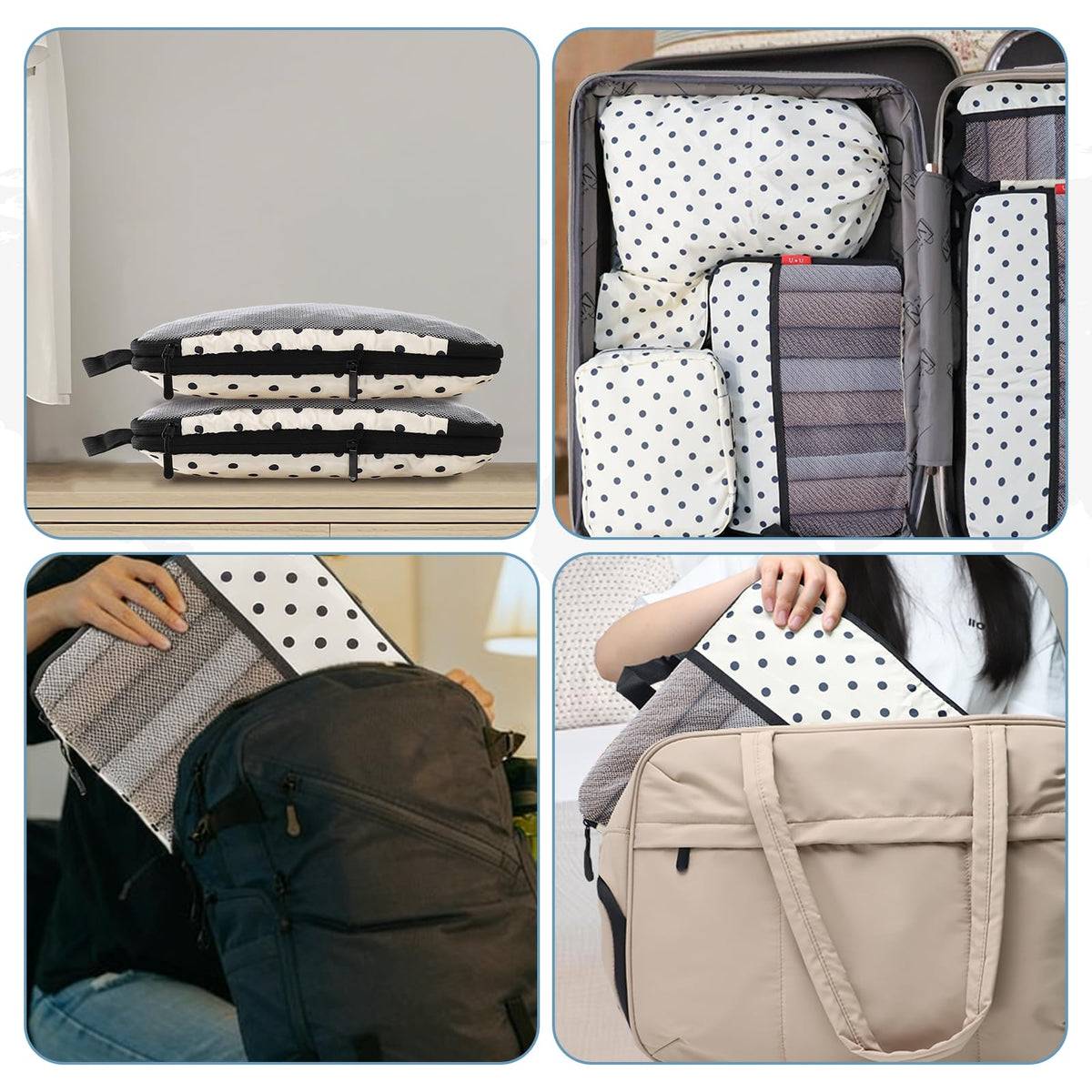 U+U 10 Set Compression Packing Cubes - Travel Organizers with Laundry Bag, Space-Saving Suitcase Organizer, Expandable Packing Organizers for Travel Essentials (Polka Dot)
