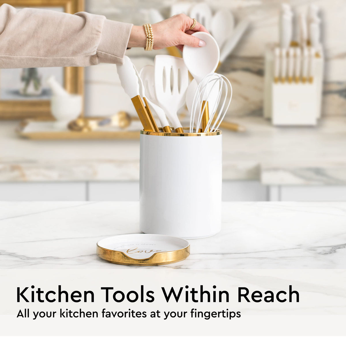 White Utensil Holder with Built-In Ceramic Spoon Rest - 2-Piece Luxe White and Gold Spatula Holder with Gold Spoon Rest for Countertop Organization - Stylish Kitchen Accessory, Utensils Not Included