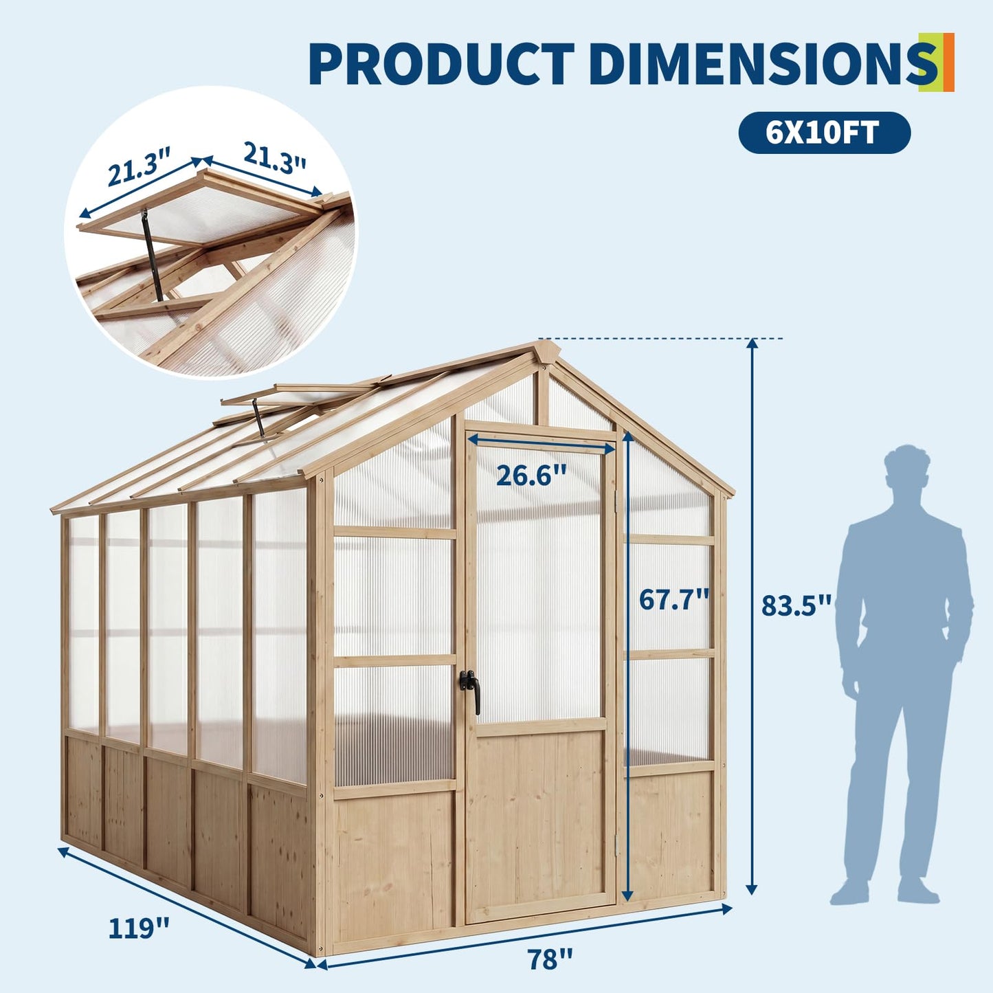 GarveeLife 6'x10' Wooden Greenhouse for Outdoor, Large Walk-in Greenhouse Kit with Ventilated Window, Door & Polycarbonate Panels, Heavy Duty Wood Frame Green House for Patio Garden Backyard