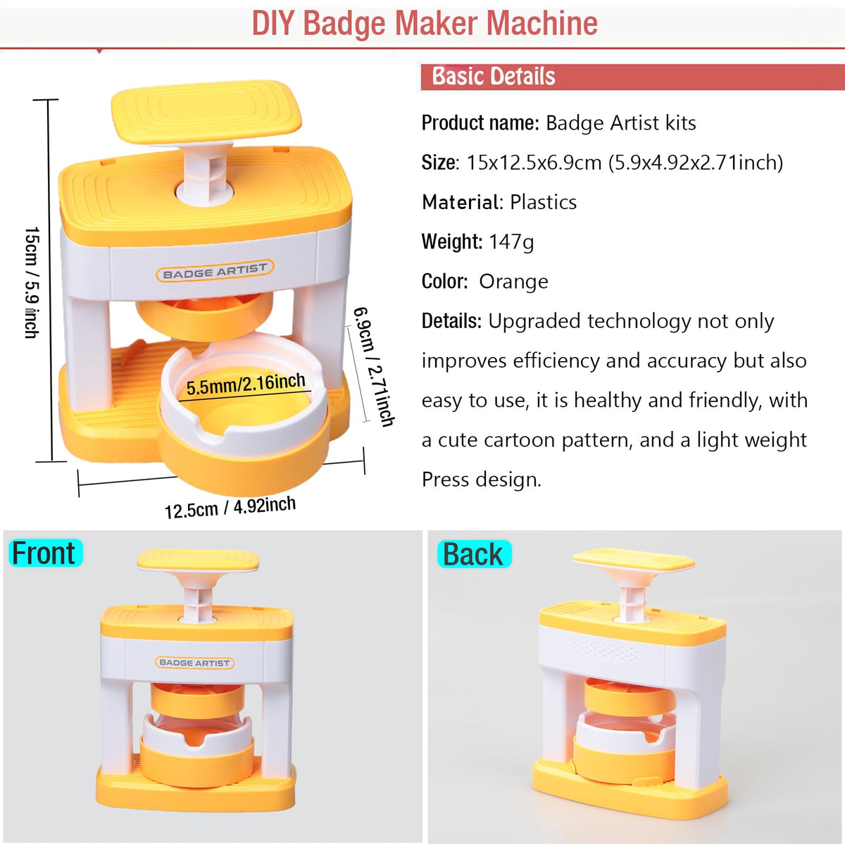 Badge Maker for Kids, 55 mm (2.16 inch) DIY Pin Button Maker Press Machine Badge Punch Kit with 48 pcs Button Parts Pictures Circle Cutter Present Installation-Free