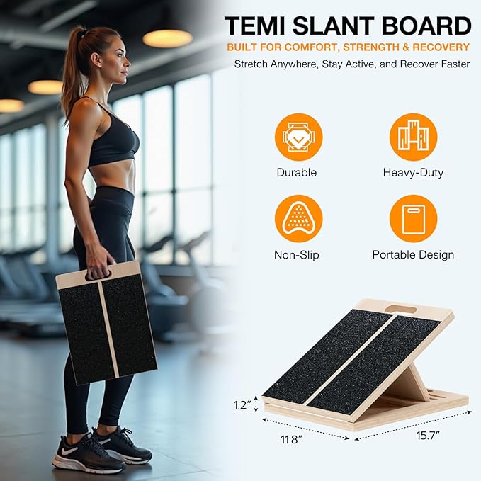 TEMI Slant Board for Calf-Stretching - Wooden Incline Wedge Stretcher for Squats, Foot & Ankle Mobility, Portable Fitness Equipment, Balance Block for Heel Stretch