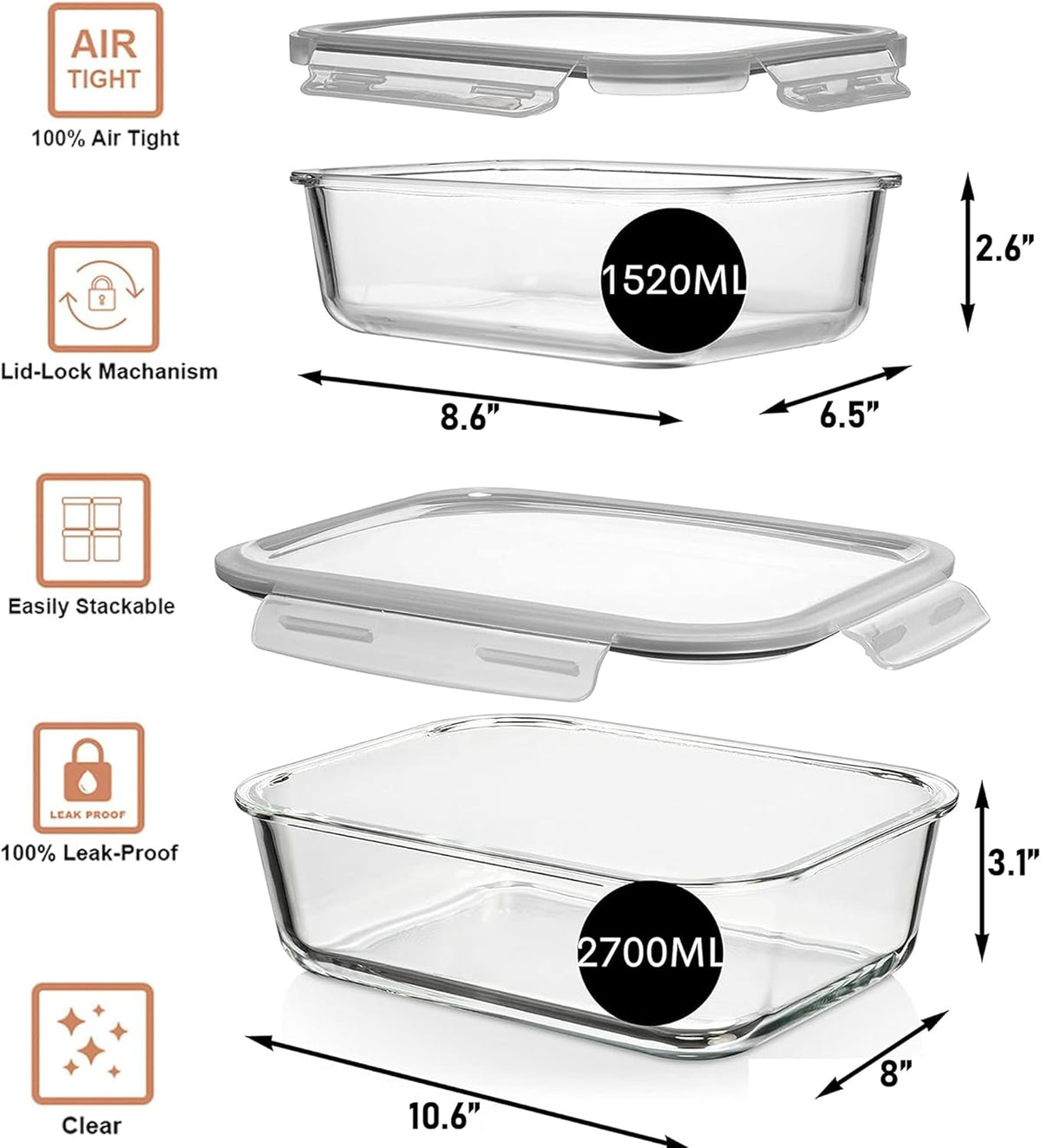 Razab Airtight Large Glass Food Storage Containers - BPA Free, Leak Proof | 4 Pc Set (2700ML & 1520ML)