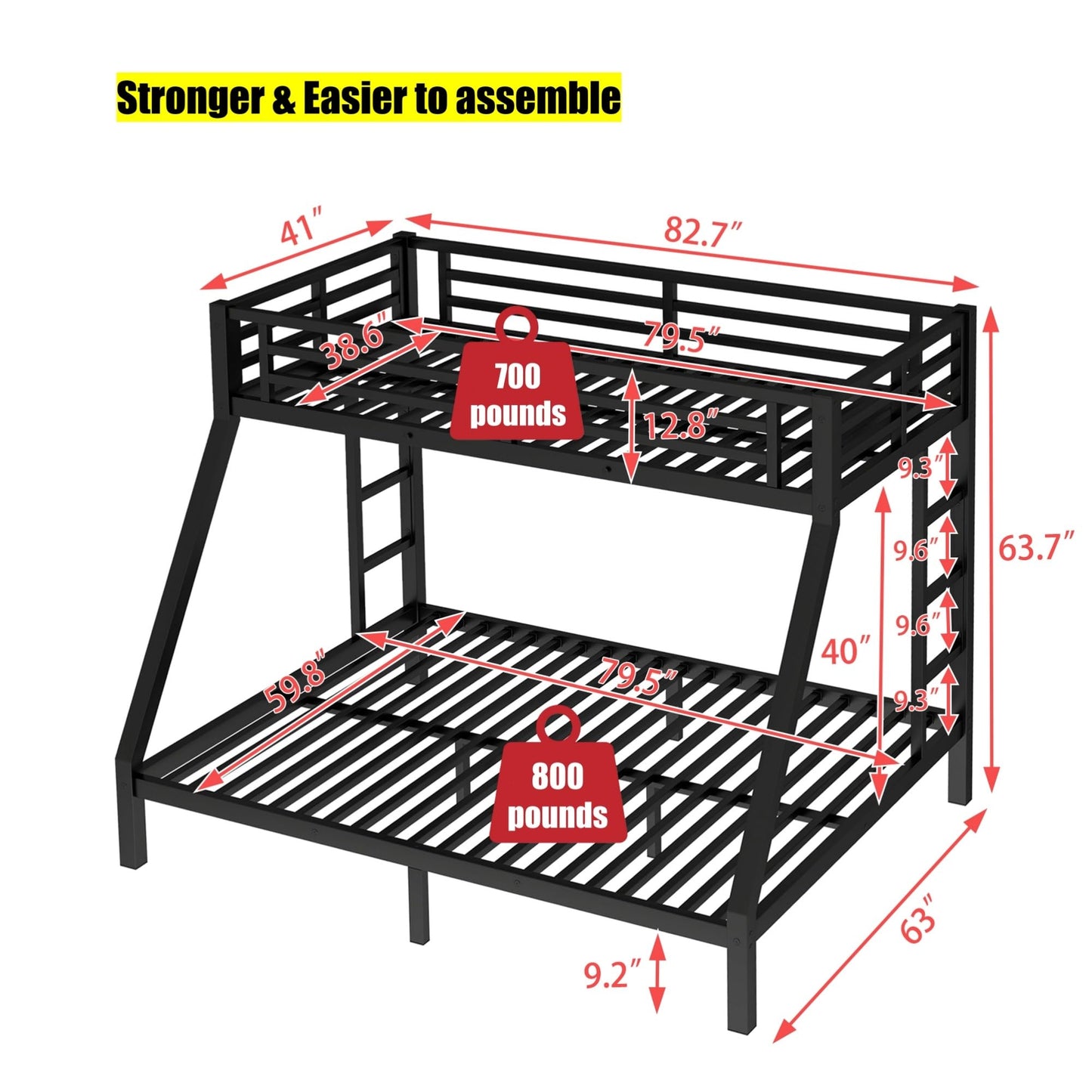 LEEKAF Stronger & Higher Quality Heavy Duty Steel Twin XL Over Queen Bunk Bed, Safer More Stable Thickened Metal Bunk Queen Bed with Enhanced Legs & Slats (Faster Assembly)