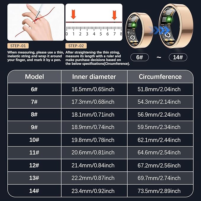 Health Tracker Ring, Smart Health Ring for Women Men with Heart Rate, Blood Oxygen, Sleep Monitor, Steps,Calories, No Subscription Fee, IP68 Waterproof Smart Ring for iPhone & Android (Rose Gold, 7#)