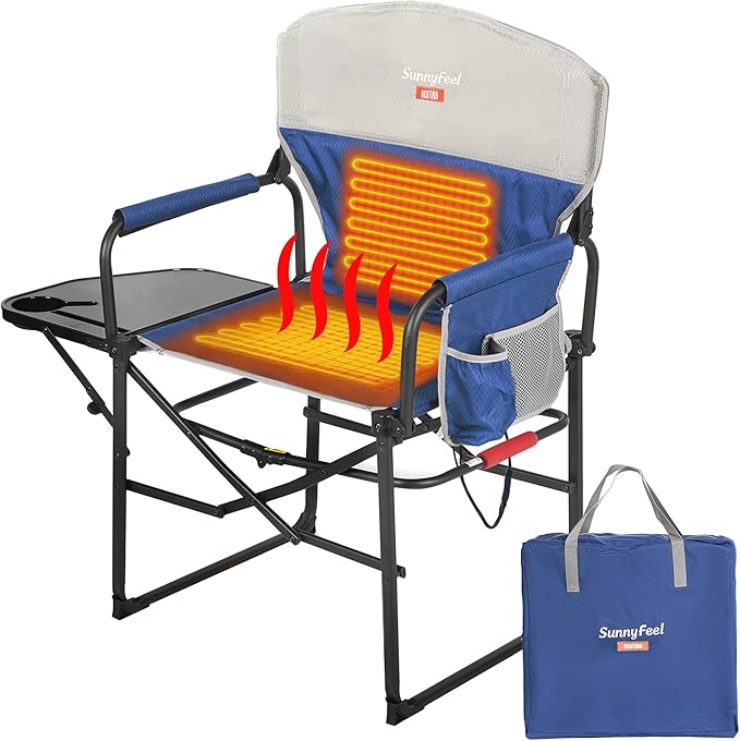 SUNNYFEEL Heated Camping Directors Chair, Portable Folding Lawn Chairs for Adults Heavy Duty with Side Table,Pocket for Beach, Fishing,Picnic,Concert Outdoor, Foldable Camp Chairs