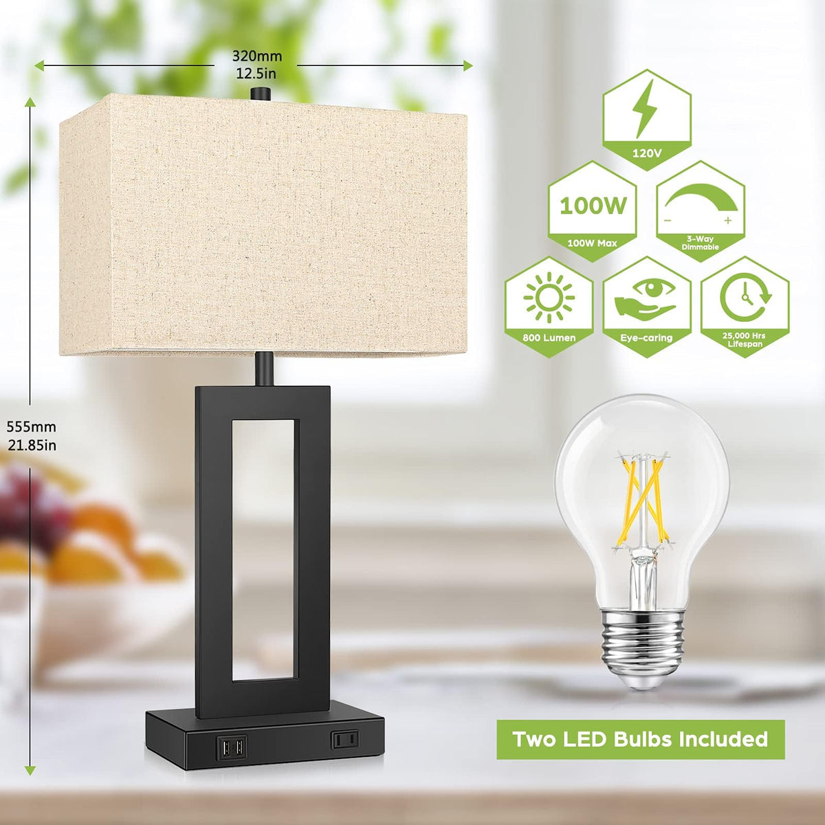 Set of 2 Touch Control Table Lamp with 2 USB Ports, 3-Way Dimmable Modern Nightstand Lamp Sets Bedside Touch Desk Lamp with Fabric Cream Shade For Bedroom Table Living Room Reading, Included Bulbs