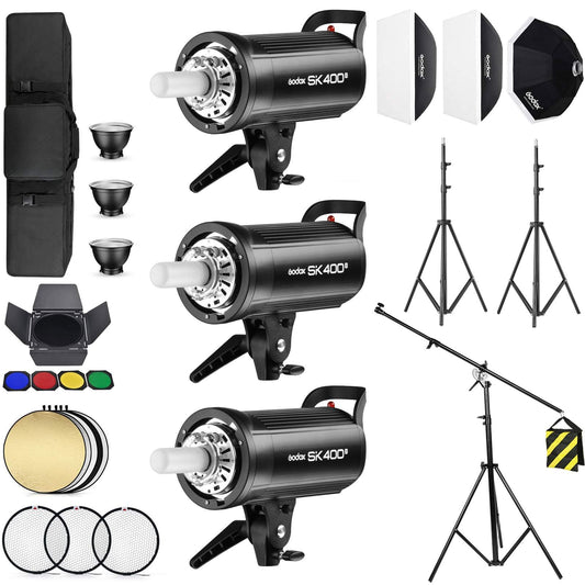 Godox 3 Pack SK400II 1200Ws 2.4G Speedlite Studio Flash Strobe Monolight Bowens Mount Kit for Studio Shooting, Location and Portrait Photography with Softbox, Light Stand, Barn Door Kit, Carrying Case