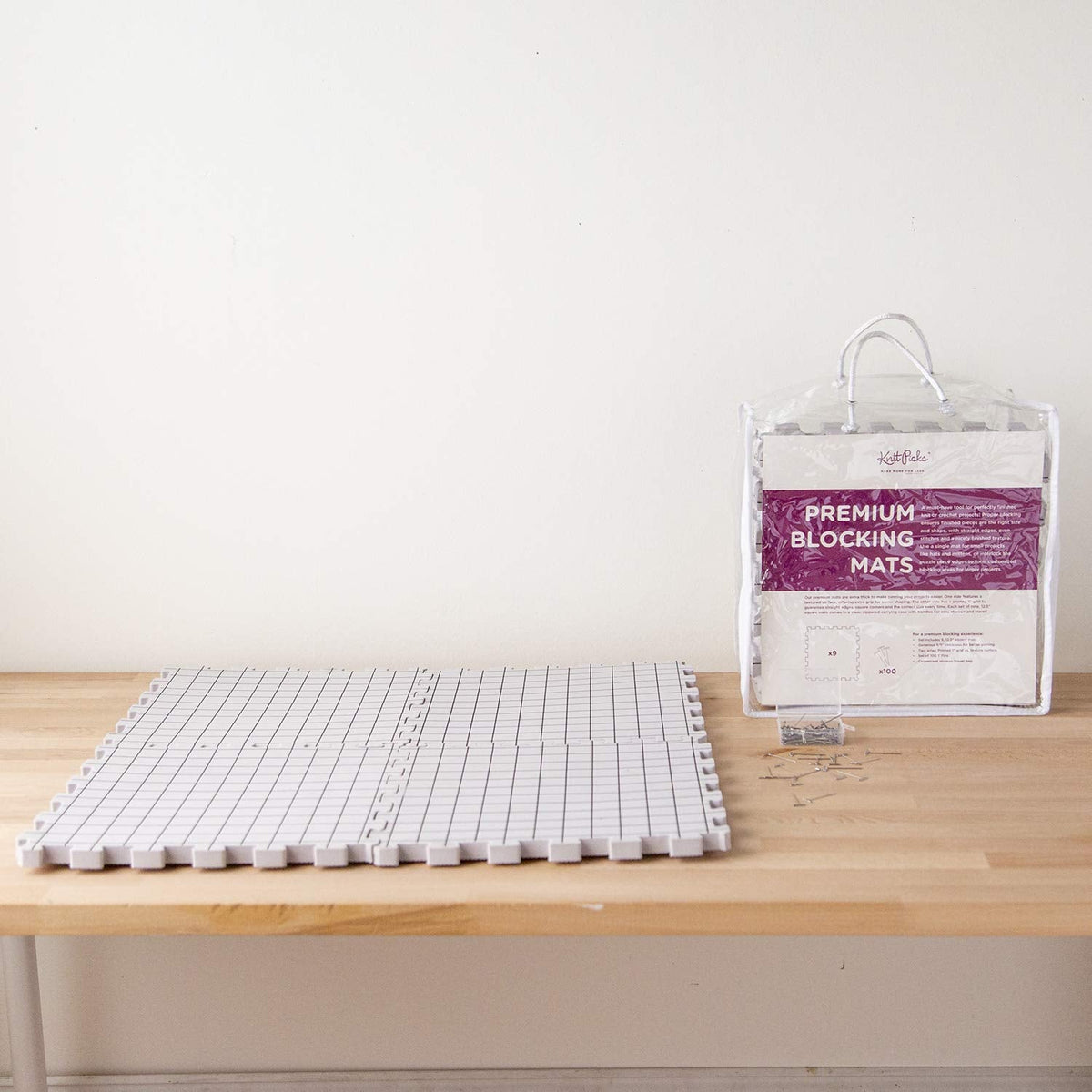Knit Picks Premium Blocking Mats for Knitting and Crochet, Pack of 9 Extra Thick Blocking Boards with Grids, Includes 100 T-Pins and Storage Bag
