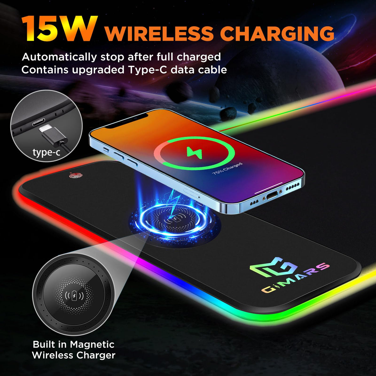 Gimars RGB Gaming Mouse Pad,15W Wireless Charging Mousepad with 10 Light Modes, Large Mousepad with Premium Smooth Surface, Non-Slip Mouse Mat for Gaming, Desk, PC,Office, 31.5x11.8x0.16inch