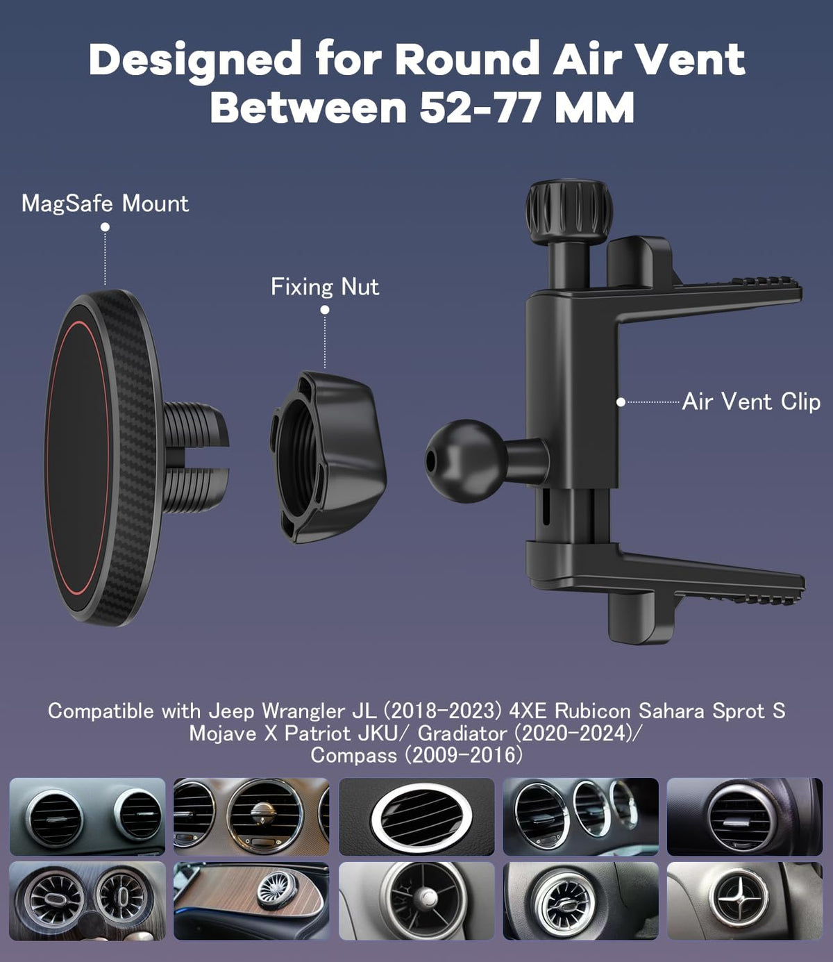 ALAFLY JL(2018-2025) (2020-2024) (2009-2016), 17 16 15 14 13 12 Magnetic Round Vent Car Phone Holder for Jeep Wrangler