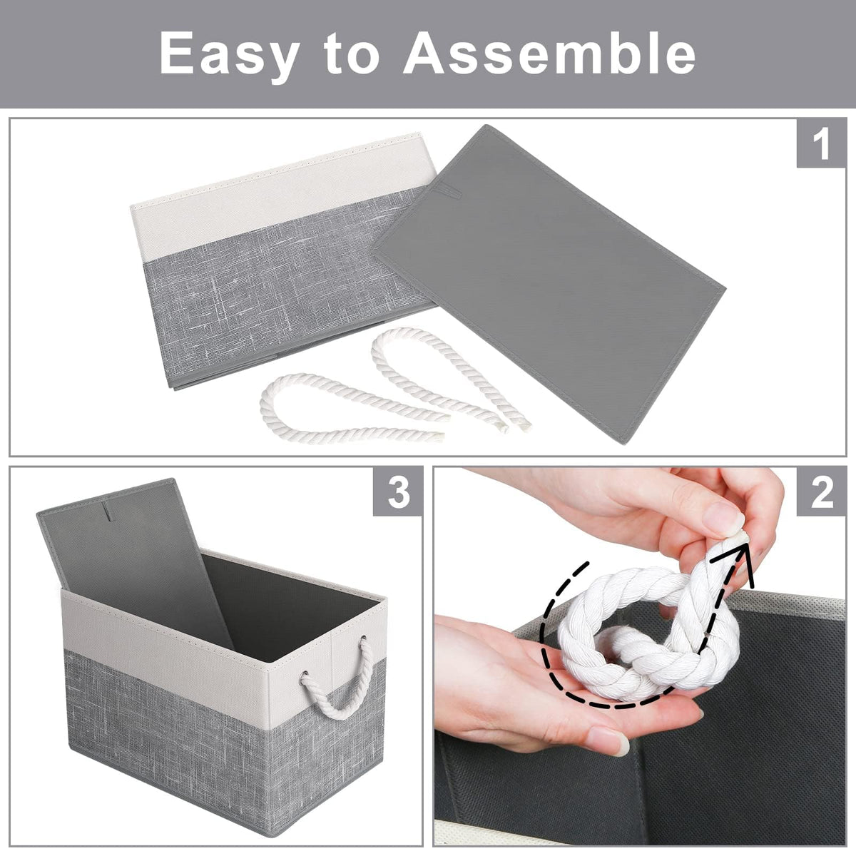 Fab totes Storage Bins [3-Pack], Foldable Storage Baskets for Organizing Toys, Books, Shelves, Closet, Large Storage Box with Rope Handles, Sturdy Organizer Bins, White & Grey