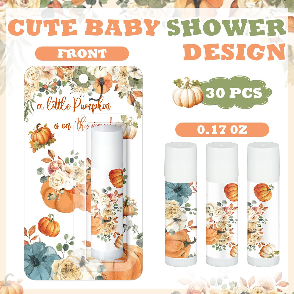 30 Pack Fall Little Pumpkin Baby Shower Games Prizes Gifts Bulk Pumpkin Pie Scented Lip Balms Favors for Boys Girls Gender Reveal Decorations Halloween Autumn Thanksgiving Baby Shower Bags Stuffer