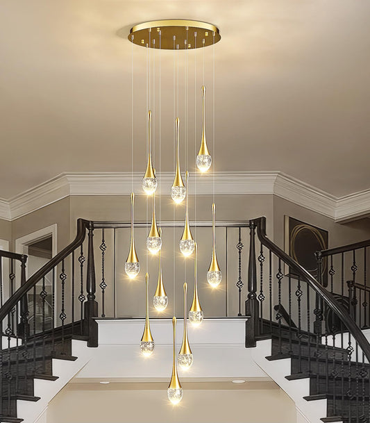 Raindrop Crystal Chandelier High Ceiling: 12 Lights Remote Dimmable LED - Large Long Modern Bubble Hanging Pendant Light Fixture Teardrop Spiral Chandeliers for Living Room Staircase Entryway Foyer