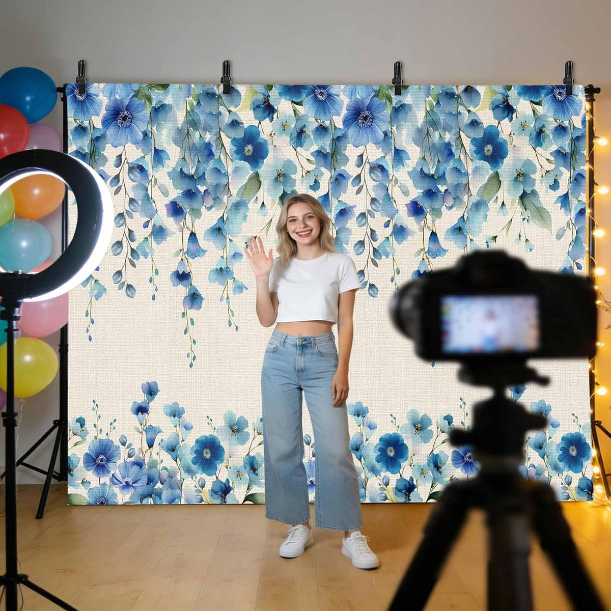 VANPTBNHS 12x8ft Curtain,Country Photography Backdrop,Retro Blue Flowers on Jam Professional Photography Background