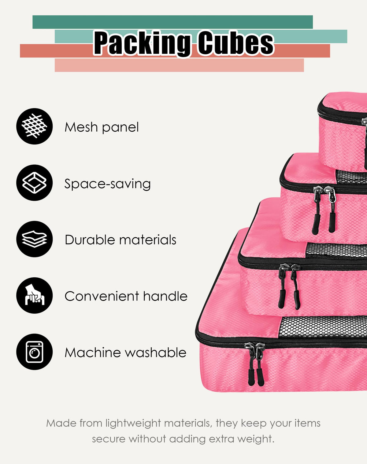 WTREE 4-Piece Packing Cubes Travel Accessories Set for Suitcases - Luggage Organizer Bags with Double Zipper - Mesh Top - Small/Medium/Large/Slim - Pink