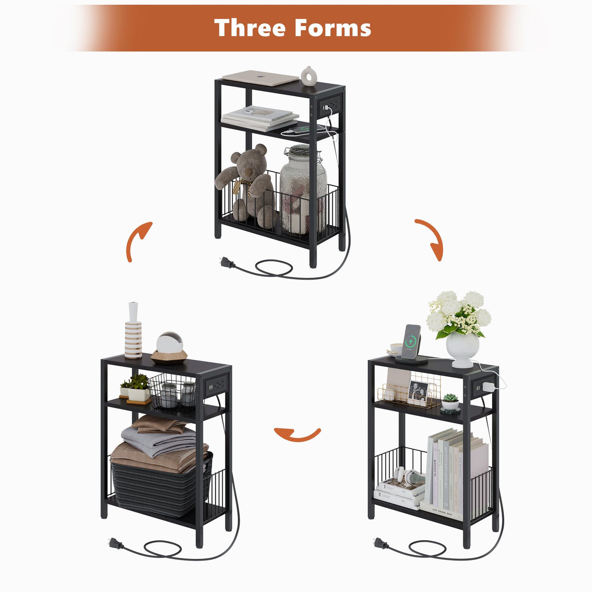 TRIFEBLE Narrow Side Table with Charging Station, Small End Table for Small Spaces, Slim Nightstand with Storage Basket, 3 Tier Skinny Bedside Table for Living Room, Bedroom, Black