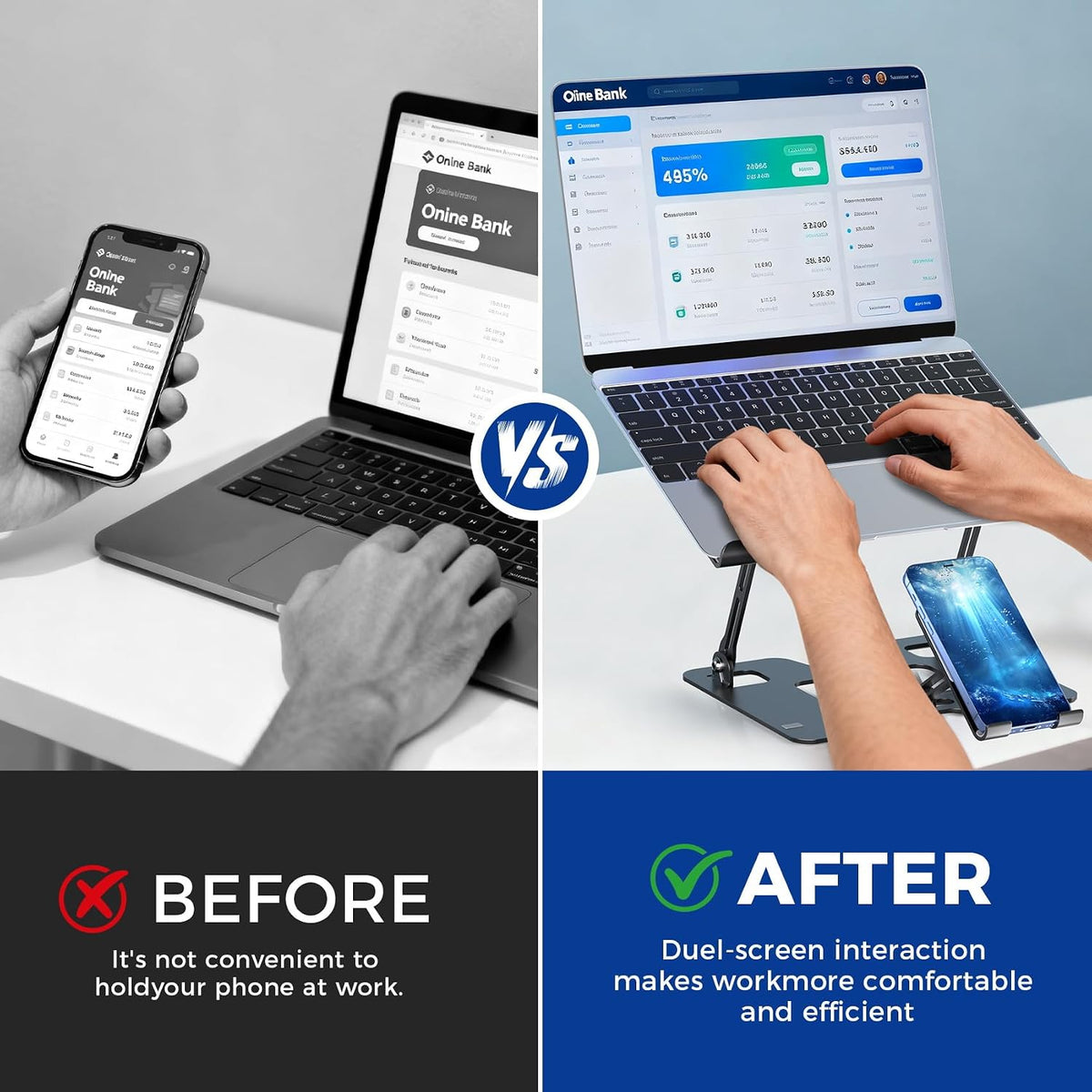 Lajou 2-in-1 Ergonomic Laptop Phone Stand for Desk, Adjustable Riser, Sturdy and Portable, Fits All Laptops and Phone