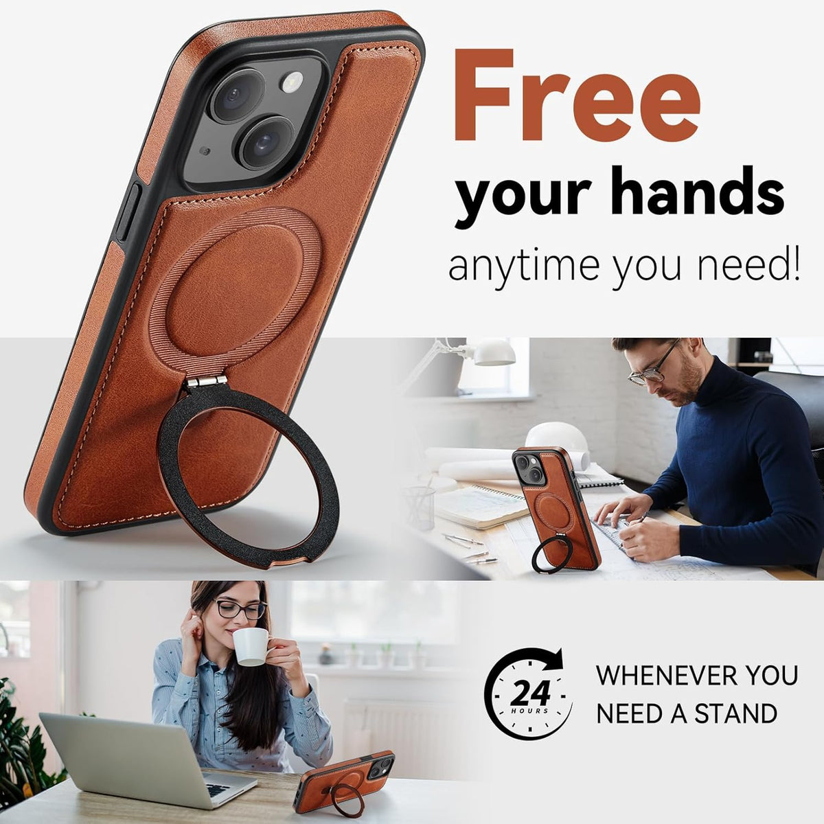 CHEEWADA 15 6.1", for iPhone Case with Stand Compatible with Magsafe Slim PU Leather & Durable TPU Drop Proof Magnetic