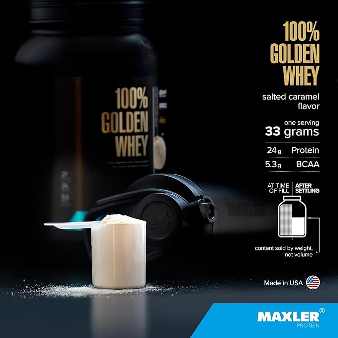 Maxler 100% Golden Whey Protein - 24g of Protein per Serving - Premium Whey Protein Powder for Pre Post Workout - Fast-Absorbing Whey Concentrate, Isolate & Hydrolysate Blend - Salted Caramel 5 lb