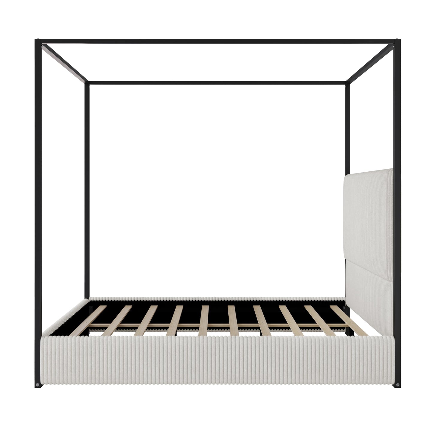 LUMISOL Queen Size Upholstered Canopy Bed, Metal 4 Poster Platform Bed with Tall Corduroy Headboard, Black Canopy Bed Frame with Headboard, No Box Spring Needed, White