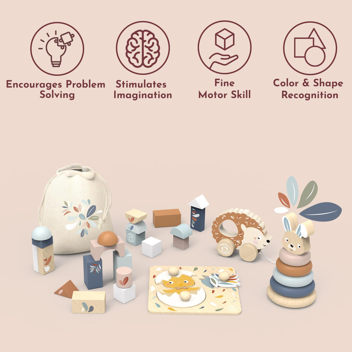 SPEEDY MONKEY Montessori My First Toy Box for Early Learning | Wooden Nursery Toy Set with Blocks, Stacking Rabbit, Chick Puzzle & Pull-Along Hedgehog | for Kids Ages 1+
