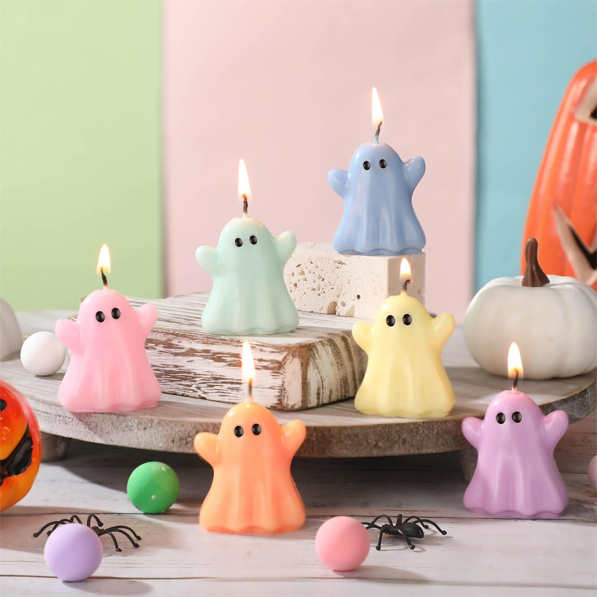 DoubleFill 12 Pcs Pastel Halloween Ghost Candles Cute Burning Unscented Wax Candles Ghost Spooky Decor for Halloween Holidays Party Bedroom Table Decorations