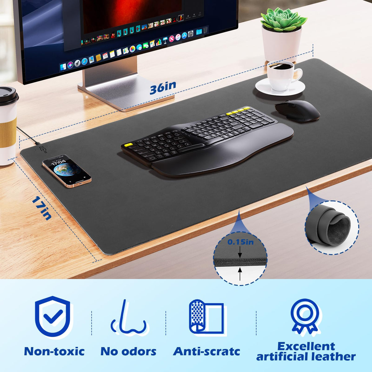 Wireless Charging Desk Mat with Desk Pad for Desktop Charging Large Mouse Pad Waterproof Leather Computer Mat Mouse Pad Non-Slip Protector on Top of Desks for Keyboard and Mouse (black-l, 36*17inch)