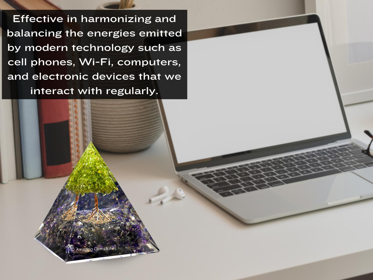 Amazing Gemstone Organite Orgone Pyramid Extra Large 105 MM - Orgone Energy Pyramid with Amethyst Crystals, Peridot Tree and Healing Stone - Orgonite Pyramids Crystals and Positive Energy