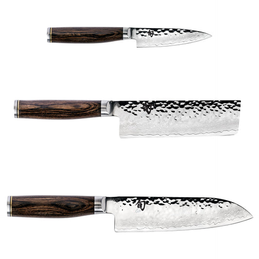 Shun Premier 3 Piece Japan Starter Set, Includes 7" Santoku, 4" Paring & 5.5" Nakiri Knives, Handcrafted Japanese Knife Set, VG-MAX Core with Damascus Stainless Steel Cladding, Pakkawood Handle