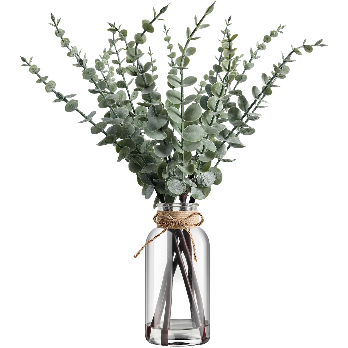 Artificial Eucalyptus Stems in Glass Vase with Hemp Rope and Faux Water 17.5inches Table Decorations Fake Greenery Plants Stems Fake Plants Leaves for Farmhouse Livingroom Bathroom, Light Green