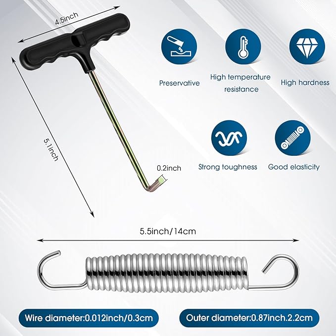 Tudomro Trampoline Springs 5.5 Inch Bulk Heavy Duty Stainless Steel Replacement Trampoline Springs with T-Hook Weather Resistant Metal Pulling Tool Accessories