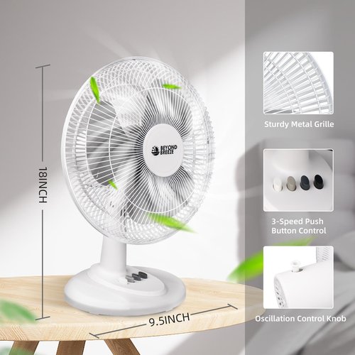 BEYOND BREEZE Oscillating Table Fan Quiet 3-Speed 12-Inch Adjustable Tilt Fan with Safety Grill, Ideal for Home, Office, Dorm