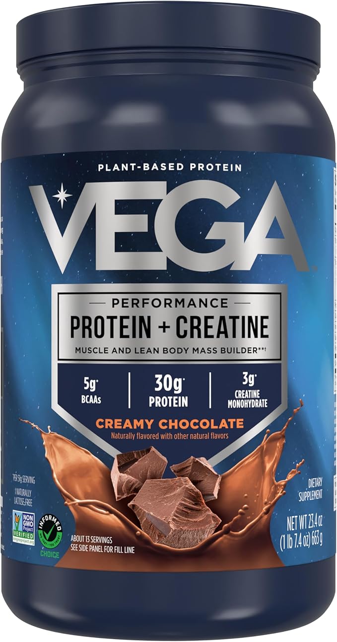 Vega Protein + Creatine - 30g Plant-Based Protein, Chocolate, 13 Servings, 3g Creatine, 5g BCAAs, Vegan, Keto, Gluten Free, Dairy Free, Low Carb, for Muscle Growth & Repair, Drink Mix, 23.4oz