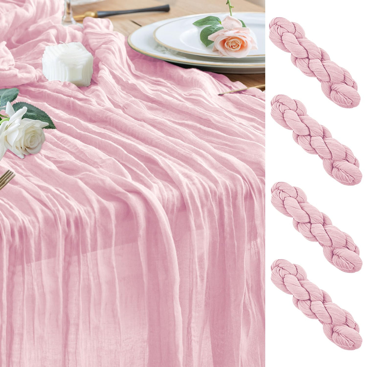 Wokceer Cheesecloth Table Runner 4Pack 10FT Blushing Pink Christmas Gauze Cheese Cloth Table Runner for Party Easter Rustic Sheer Table Runners for Baby Bridal Shower Wedding