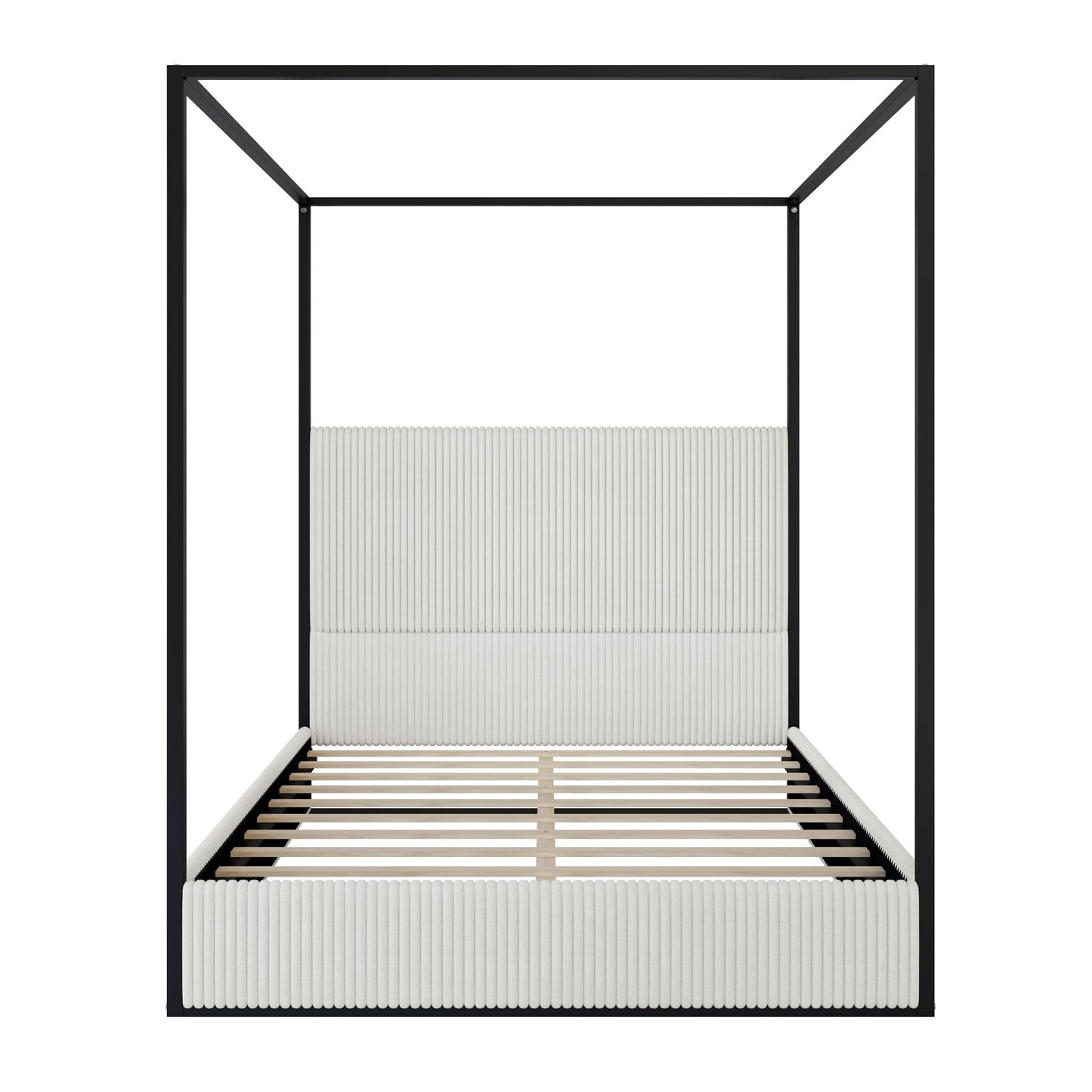 LUMISOL Queen Size Upholstered Canopy Bed, Metal 4 Poster Platform Bed with Tall Corduroy Headboard, Black Canopy Bed Frame with Headboard, No Box Spring Needed, White