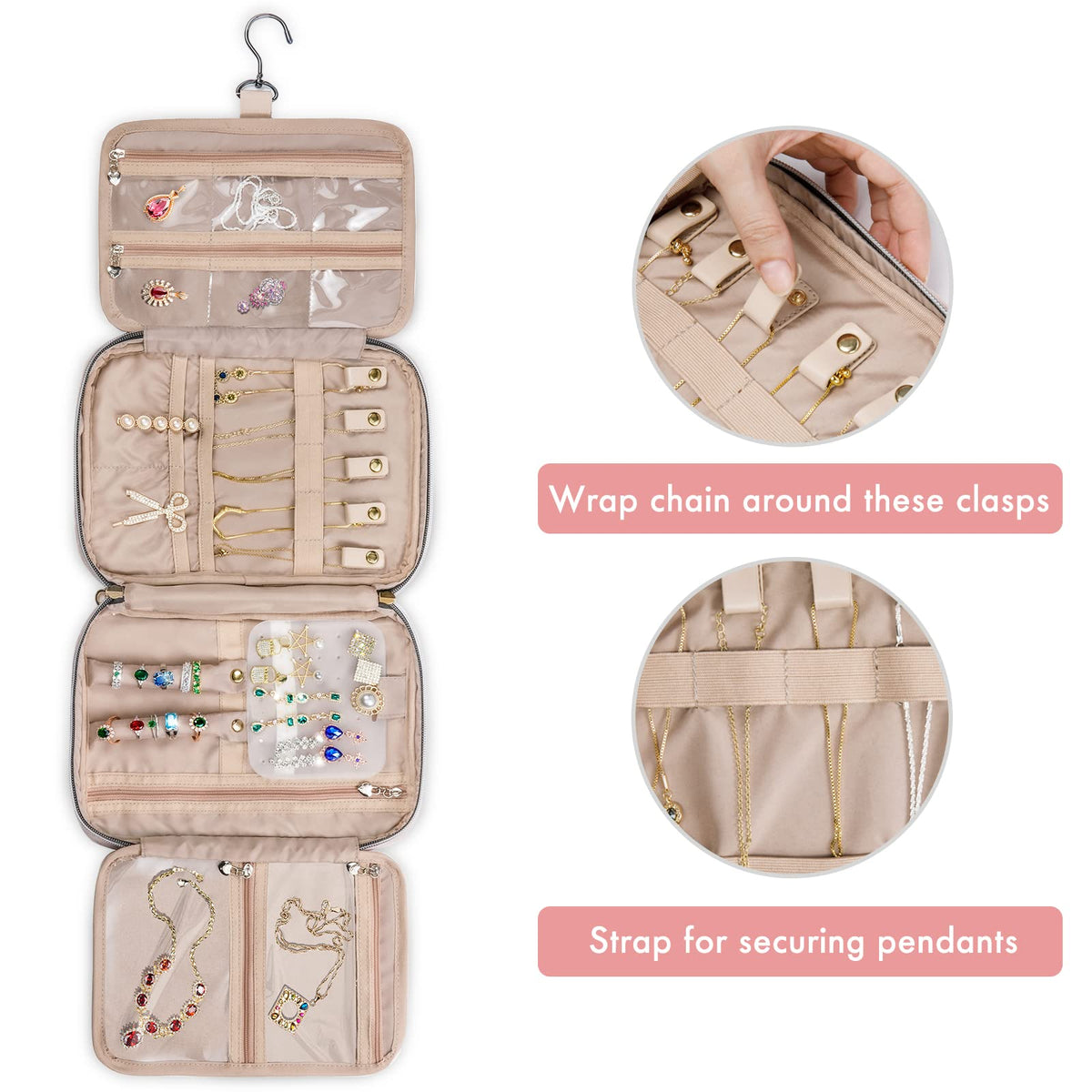 SFYBYHEART Travel Jewelry Organizer Case, Jewelry Travel Bags for Women, Large Capacity Travel Jewelry Case for Tangle-Free Earrings, Necklaces, Rings Storage, Travel Accessories, Pink.…