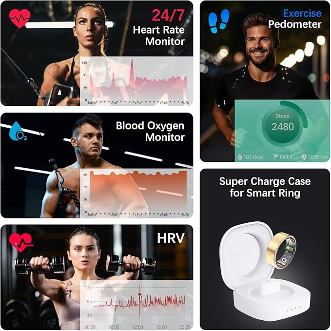 Health Tracker Ring, Smart Health Ring for Women Men with Heart Rate, Blood Oxygen, Sleep Monitor, Steps,Calories, No Subscription Fee, IP68 Waterproof Smart Ring for iPhone & Android (Gold, 14#).