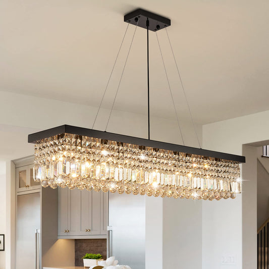 7PM Rectangle K9 Crystal Chandelier Modern Rectangular Pendant Lighting Fixture for Dining Room Kitchen Island Bedroom Black L47'' x W10'' x H10''