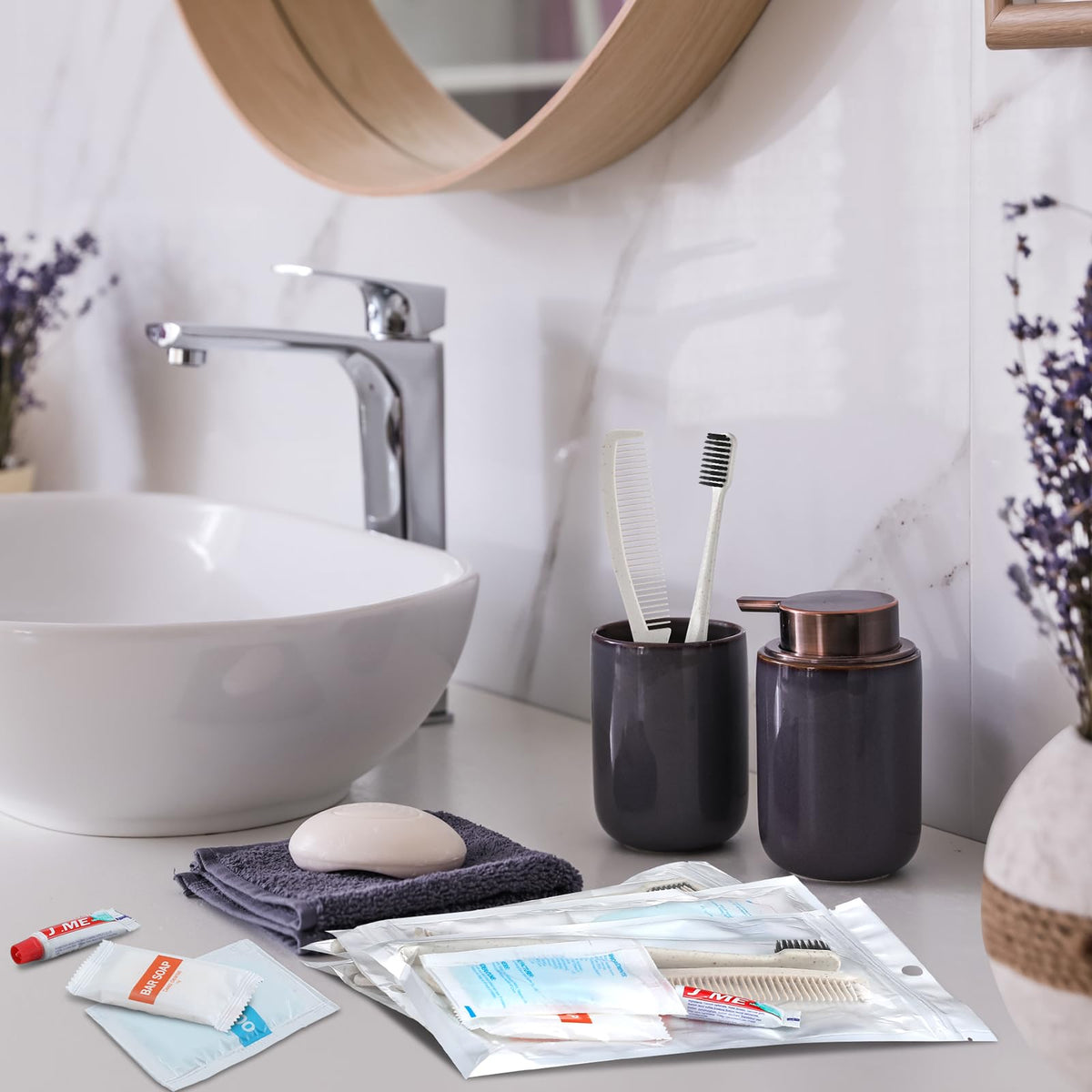 Hushee 96 Sets Bulk Hygiene Kit for Homeless, Includes Shampoo Soap Bar Comb Toothbrushes with Toothpaste Individually Wrapped Basic Toiletry Kits for Travel Charity Hotel Hospitality Industries