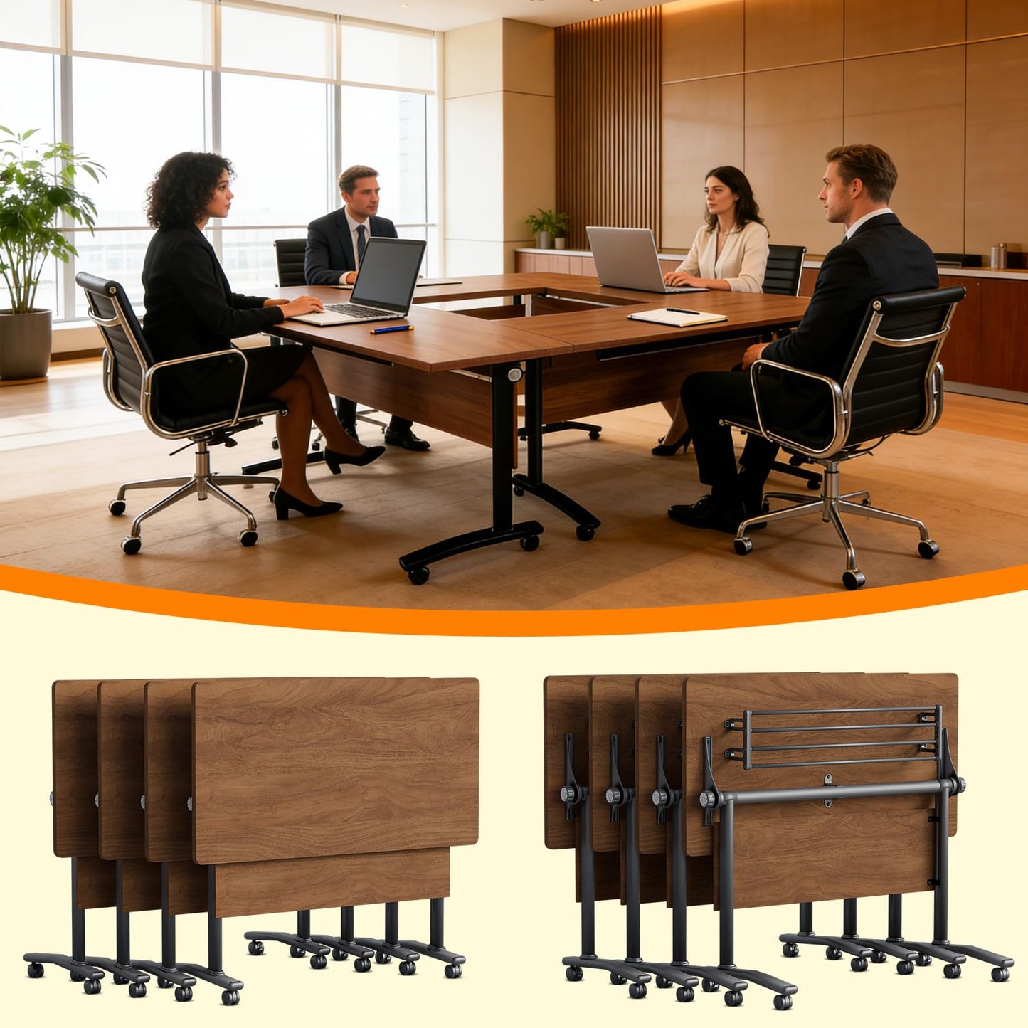 JNMDLAKO Modular Folding Conference Table with Locking Wheels, 10 Pack Flip Top Mobile Training Table, Modern Meeting Seminar Tables for Office, Hotel Conference Room(10,Walnut,71" L x 21" W x 29" H)