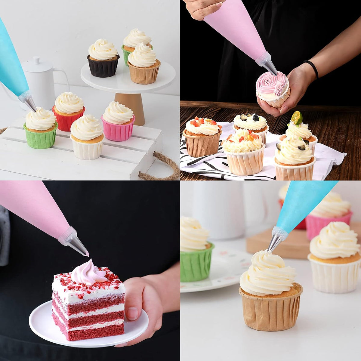 Skiennix Piping Bags and Tips Set - 100 Pcs 12 Inch Disposable Icing Bags for Cake Decorating | Includes Reusable Bag, Couplers, 12 Frosting Tips, 2 Ties & 3 Scrapers